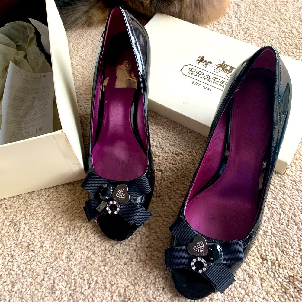 Coach peep toe size 10 black patent shoe